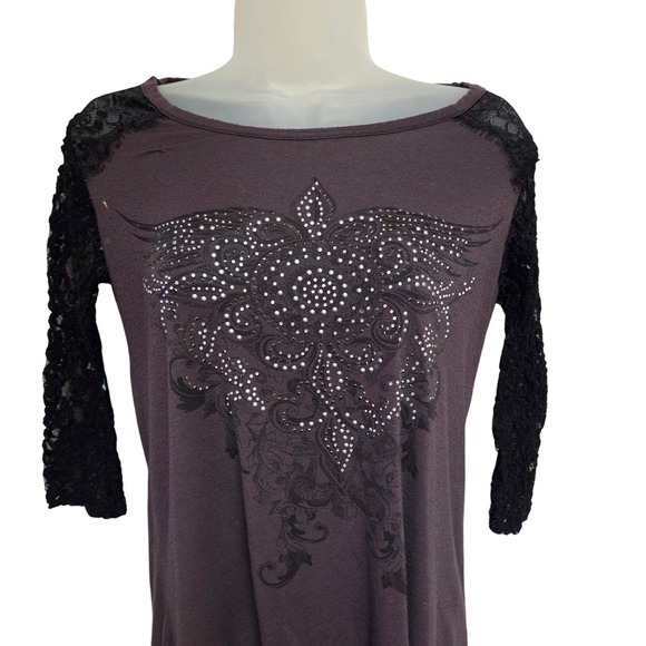 Angels & Diamonds Rhinestone Top Lace Sleeve Blouse Shirt S Vintage‎ Y2k - Picture 1 of 5